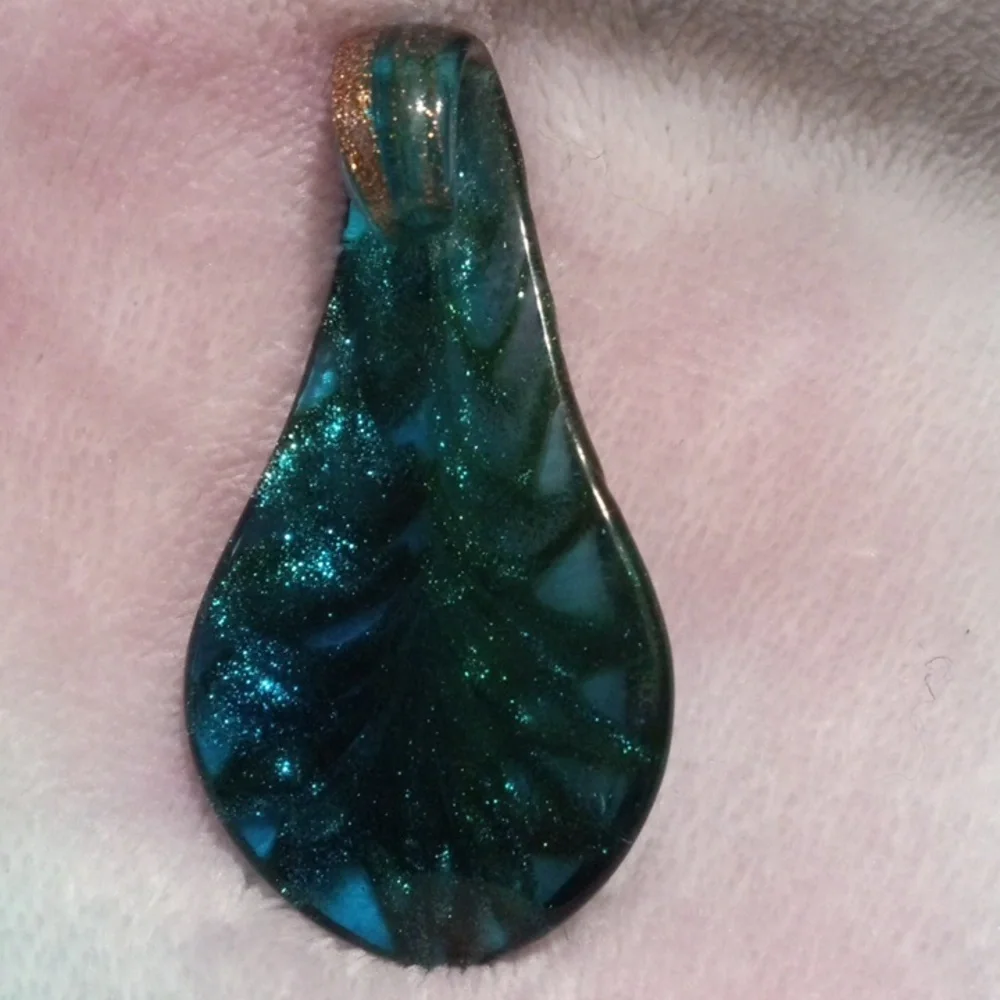 Turquoise and Gold Colored Swirls With Sparkles Glass Drop Pendant - Picture 3 of 5